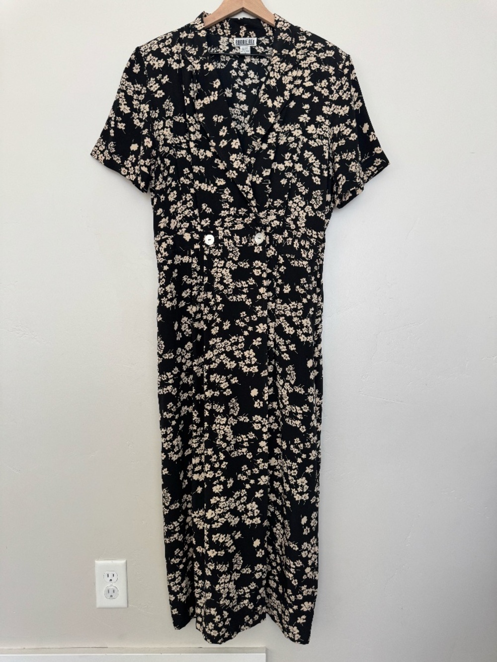 Vintage 90s Robbie Bee 100% Silk Faux Wrap Maxi Dress Size 16 Ditsy Floral Black